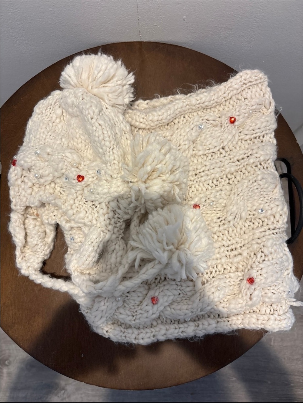 Betsey Johnson Cream Cable Knit Pom-Pom Hat and Scarf Set with Red Bead Accents